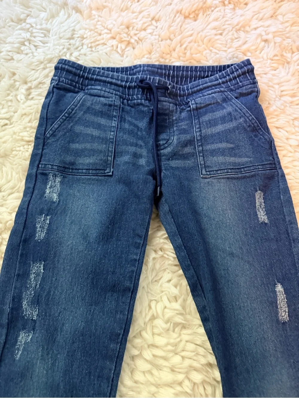 Girls' Dark Blue Elastic-Waist Distressed Denim Joggers